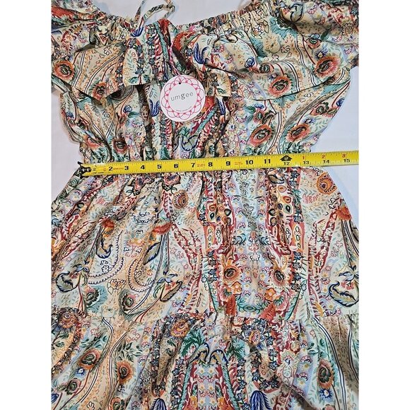 Umgee off the Shoulder 3/4 sleeve tiered vibrant print midi dress size M New - Picture 13 of 16